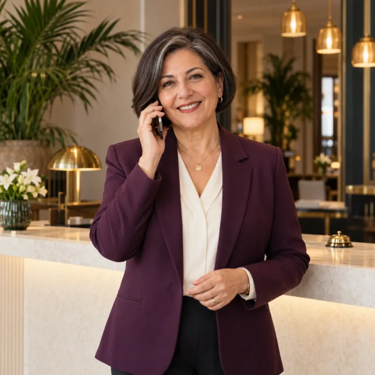 Otel resepsiyonunda telefonla görüşen işletme yöneticisi
